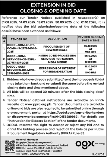 Oil & Gas Development Authority Islamabad Tender Notice